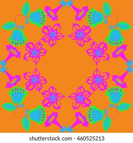 Circular  pattern of  stylized floral motif, doodles, branches, flowers, spot,hole, leaves, ellipses,spirals, stars, copy space . Hand drawn.