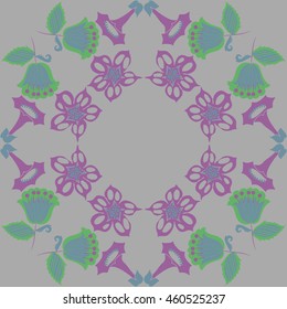 Circular  pattern of  stylized floral motif, doodles, branches, flowers, spot,hole, leaves, ellipses,spirals, stars, copy space . Hand drawn.