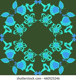 Circular  pattern of  stylized floral motif, doodles, branches, flowers, spot,hole, leaves, ellipses,spirals, stars, copy space . Hand drawn.