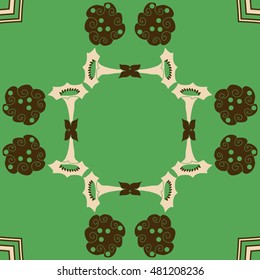 Circular pattern of  stylized  flowers, spirals. Hand drawn.