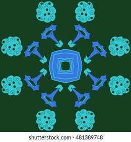 Circular pattern of  stylized  flowers, stars. Hand drawn.