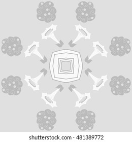 Circular pattern of  stylized  flowers, stars. Hand drawn.