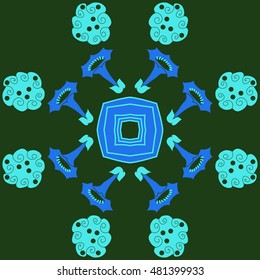 Circular pattern of  stylized  flowers, stars. Hand drawn.