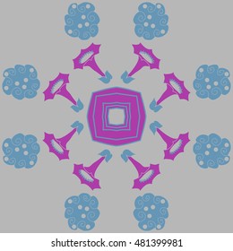 Circular pattern of  stylized  flowers, stars. Hand drawn.