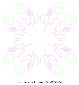 Circular pattern of stylized rosy,leaves,  floral, spirals, branches, buds, copy space. Hand drawn.