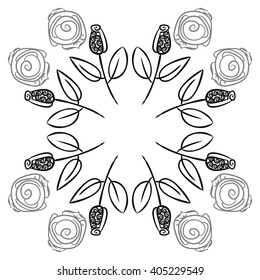 Circular pattern of stylized rosy,leaves,  floral, spirals, branches, buds, copy space. Hand drawn.