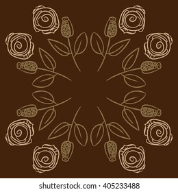 Circular pattern of stylized rosy,leaves,  floral, spirals, branches, buds, copy space. Hand drawn.