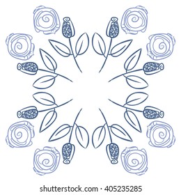 Circular pattern of stylized rosy,leaves,  floral, spirals, branches, buds, copy space. Hand drawn.