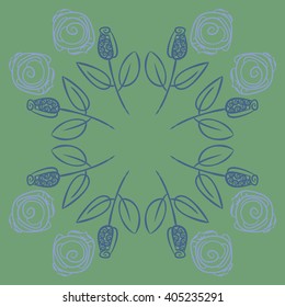 Circular pattern of stylized rosy,leaves,  floral, spirals, branches, buds, copy space. Hand drawn.