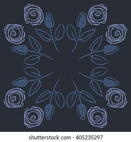 Circular pattern of stylized rosy,leaves,  floral, spirals, branches, buds, copy space. Hand drawn.