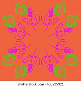 Circular pattern of stylized rosy,leaves,  floral, spirals, branches, buds, copy space. Hand drawn.