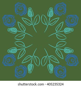 Circular pattern of stylized rosy,leaves,  floral, spirals, branches, buds, copy space. Hand drawn.