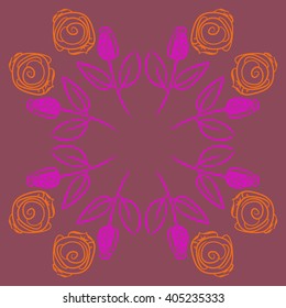 Circular pattern of stylized rosy,leaves,  floral, spirals, branches, buds, copy space. Hand drawn.