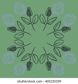 Circular pattern of stylized rosy,leaves,  floral, spirals, branches, buds, copy space. Hand drawn.