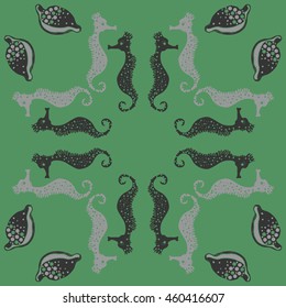 Circular  pattern of  stylized  sea  motif, doodles,  spot,hole,sea Horses, shells, cowries, spirals, object, copy space . Hand drawn.
