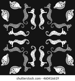 Circular  pattern of  stylized  sea  motif, doodles,  spot,hole,sea Horses, shells, cowries, spirals, object, copy space . Hand drawn.
