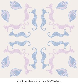 Circular  pattern of  stylized  sea  motif, doodles,  spot,hole,sea Horses, shells, cowries, spirals, object, copy space . Hand drawn.