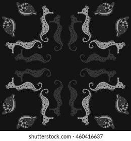 Circular  pattern of  stylized  sea  motif, doodles,  spot,hole,sea Horses, shells, cowries, spirals, object, copy space . Hand drawn.