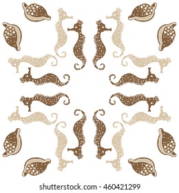 Circular  pattern of  stylized  sea  motif, doodles,  spot,hole,sea Horses, shells, cowries, spirals, object, copy space . Hand drawn.