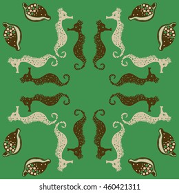 Circular  pattern of  stylized  sea  motif, doodles,  spot,hole,sea Horses, shells, cowries, spirals, object, copy space . Hand drawn.