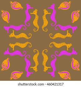 Circular  pattern of  stylized  sea  motif, doodles,  spot,hole,sea Horses, shells, cowries, spirals, object, copy space . Hand drawn.