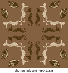 Circular  pattern of  stylized  sea  motif, doodles,  spot,hole,sea Horses, shells, cowries, spirals, object, copy space . Hand drawn.
