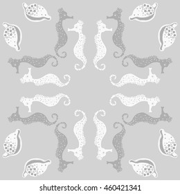 Circular  pattern of  stylized  sea  motif, doodles,  spot,hole,sea Horses, shells, cowries, spirals, object, copy space . Hand drawn.