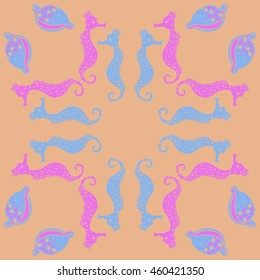 Circular  pattern of  stylized  sea  motif, doodles,  spot,hole,sea Horses, shells, cowries, spirals, object, copy space . Hand drawn.