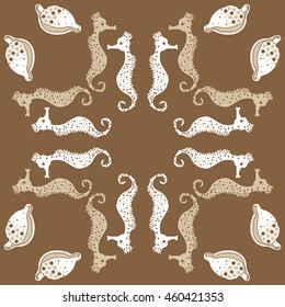 Circular  pattern of  stylized  sea  motif, doodles,  spot,hole,sea Horses, shells, cowries, spirals, object, copy space . Hand drawn.