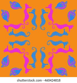 Circular  pattern of  stylized  sea  motif, doodles,  spot,hole,sea Horses, shells, cowries, spirals, object, copy space . Hand drawn.