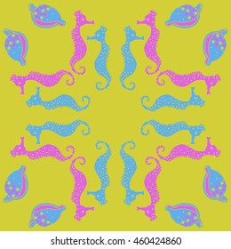 Circular  pattern of  stylized  sea  motif, doodles,  spot,hole,sea Horses, shells, cowries, spirals, object, copy space . Hand drawn.