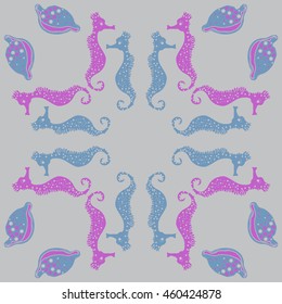 Circular  pattern of  stylized  sea  motif, doodles,  spot,hole,sea Horses, shells, cowries, spirals, object, copy space . Hand drawn.