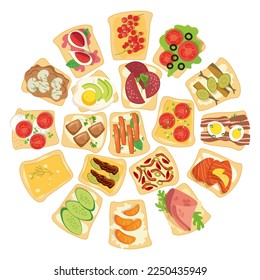 Circular pattern with tasty healthy toasts vector illustration. Cartoon drawings of bread with different ingredients, fish, vegetables, eggs on white background. Breakfast, food concept
