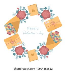 Circular pattern template made of flowers, envelope and notebook. For Valentines day