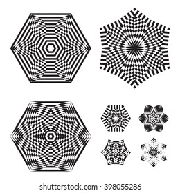 The circular pattern - vector design elements. Vector graphic elements for design. Geometric fashion pattern. Vector star, snowflake, round pattern. Mandala. A set of 7 elements