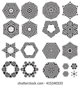 The circular pattern - vector design elements. Vector graphic elements for design. Geometric fashion pattern. Vector star, snowflake, round pattern. Mandala. A set of 19 elements