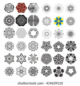 The circular pattern - vector design elements. Vector graphic elements for design. Geometric fashion pattern. Vector star, snowflake, round pattern. Mandala. A set of 36 elements
