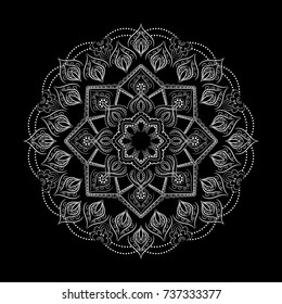 Circular pattern, white mandala on a black background. Abstract vector dark background