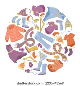 Circular pattern with winter clothes vector illustrations set. Collection of cartoon drawings warm male and female clothing isolated on white background. Fashion, shopping, charity concept