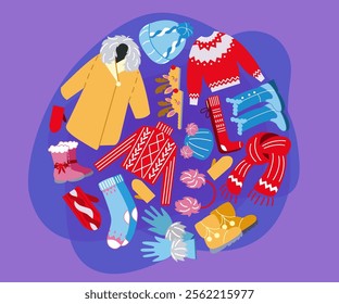 Circular pattern with winter clothes vector illustrations collection. Set of cartoon drawings of clothing and accessories for cold season on purple background. Fashion, winter concept