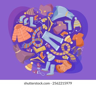 Circular pattern with winter clothes vector illustrations set. Collection of cartoon drawings warm male and female clothing on purple background. Fashion, shopping, charity concept