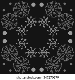 Circular pattern  of winter  motif, doodles, snowflakes,ellipses,  spirals. Hand drawn.