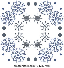 Circular pattern  of winter  motif, doodles, snowflakes,ellipses,  spirals. Hand drawn.