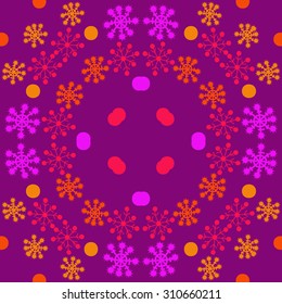 Circular pattern of winter motif, snowflakes, ellipses stars.
