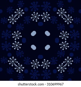 Circular pattern of winter motif, snowflakes, doodles.