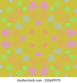Circular pattern of winter motif, snowflakes, doodles.