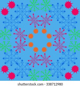 Circular   pattern  of  winter  motifs, doodles,  snowflakes, stars, ellipses. Hand drawn.