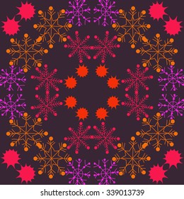 Circular   pattern  of  winter  motifs, doodles,  snowflakes, stars, ellipses. Hand drawn.