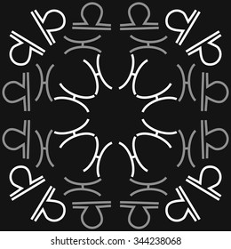 Circular  pattern  of zodiac  motif, doodles, objects, Libra,Pisces signs. Hand drawn.