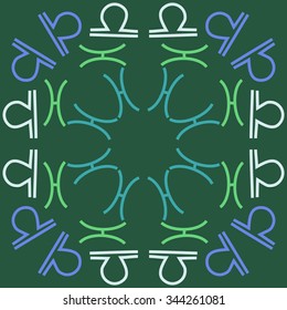 Circular  pattern  of zodiac  motif, doodles, objects, Libra,Pisces signs. Hand drawn.